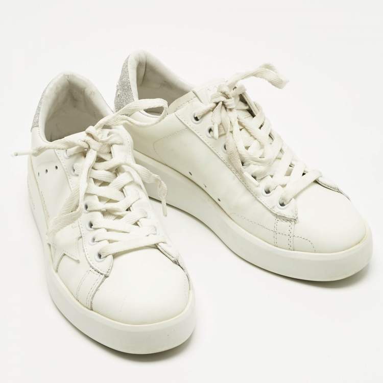 Pre Owned Golden Goose White/Silver Glitter and Leather PureStar Low Top Sneakers Size 35