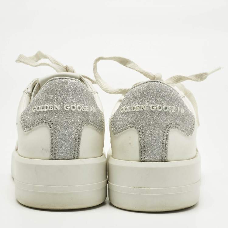 Pre Owned Golden Goose White/Silver Glitter and Leather PureStar Low Top Sneakers Size 35