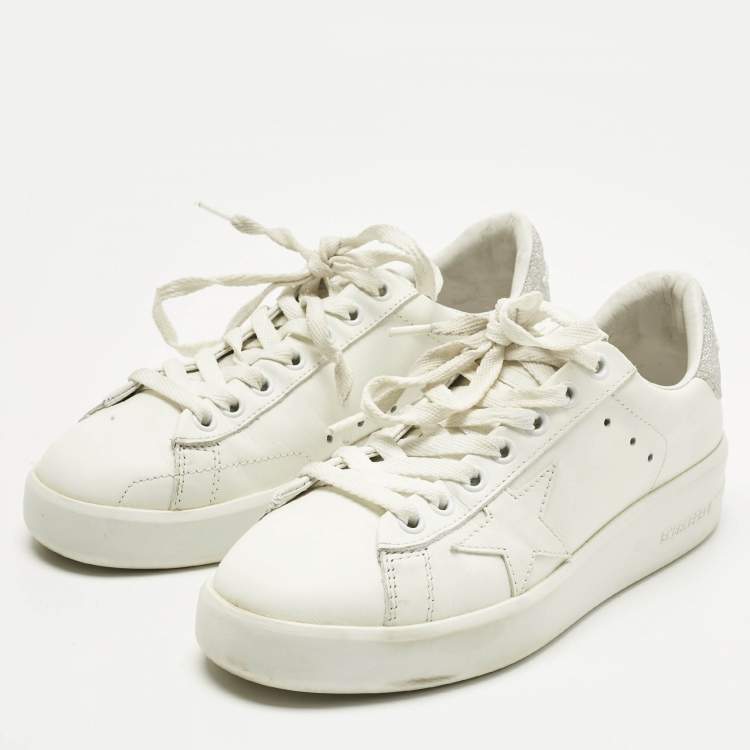 Pre Owned Golden Goose White/Silver Glitter and Leather PureStar Low Top Sneakers Size 35