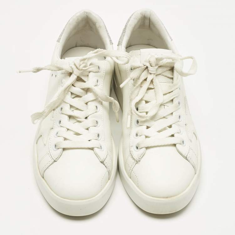 Pre Owned Golden Goose White/Silver Glitter and Leather PureStar Low Top Sneakers Size 35
