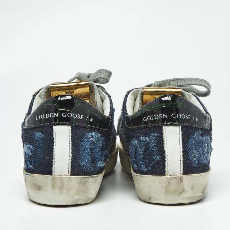 Pre Owned Golden Goose White/Blue Leather and Denim Super Star Sneakers Size 36