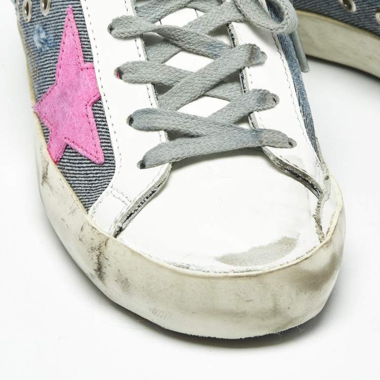 Pre Owned Golden Goose White/Blue Leather and Denim Super Star Sneakers Size 36