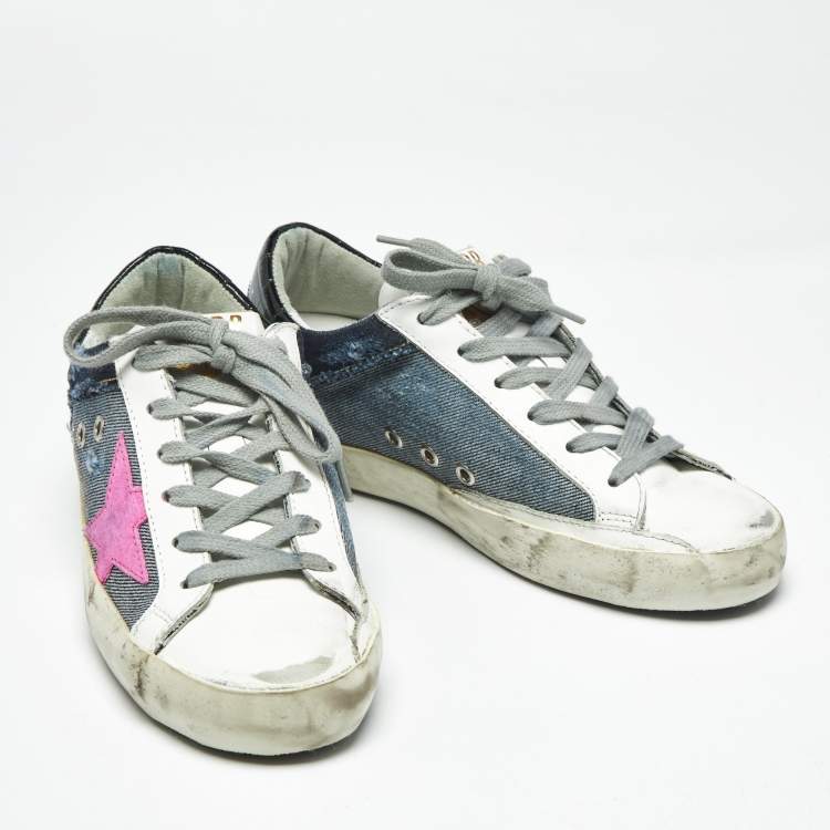 Pre Owned Golden Goose White/Blue Leather and Denim Super Star Sneakers Size 36