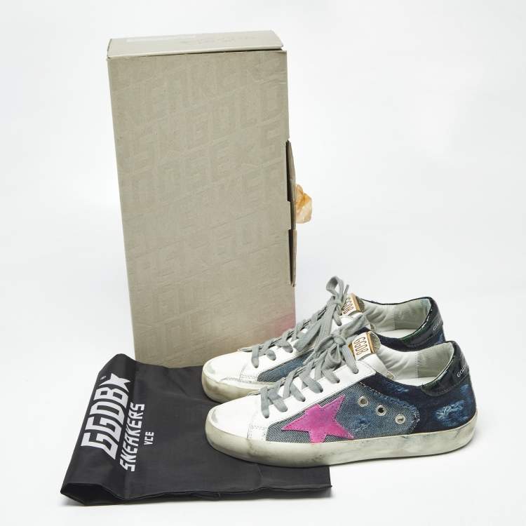 Pre Owned Golden Goose White/Blue Leather and Denim Super Star Sneakers Size 36