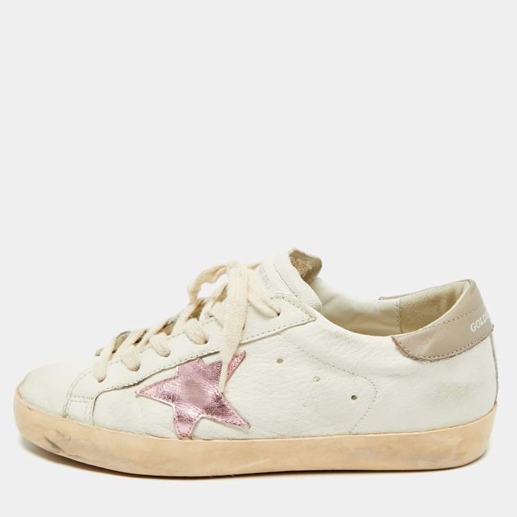 Pre Owned Golden Goose Superstar Size 38 White Leather and Suede Lace Up Sneakers