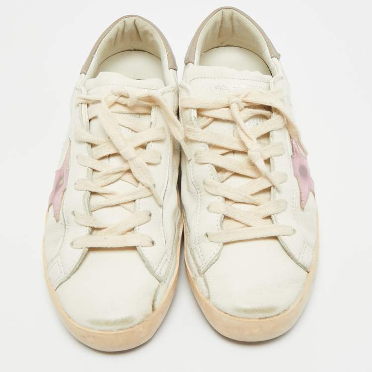 Pre Owned Golden Goose Superstar Size 38 White Leather and Suede Lace Up Sneakers