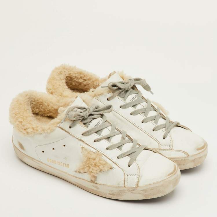 Pre Owned Golden Goose Super Star Size 39 White Leather and Shearling Fur Low Top Sneakers