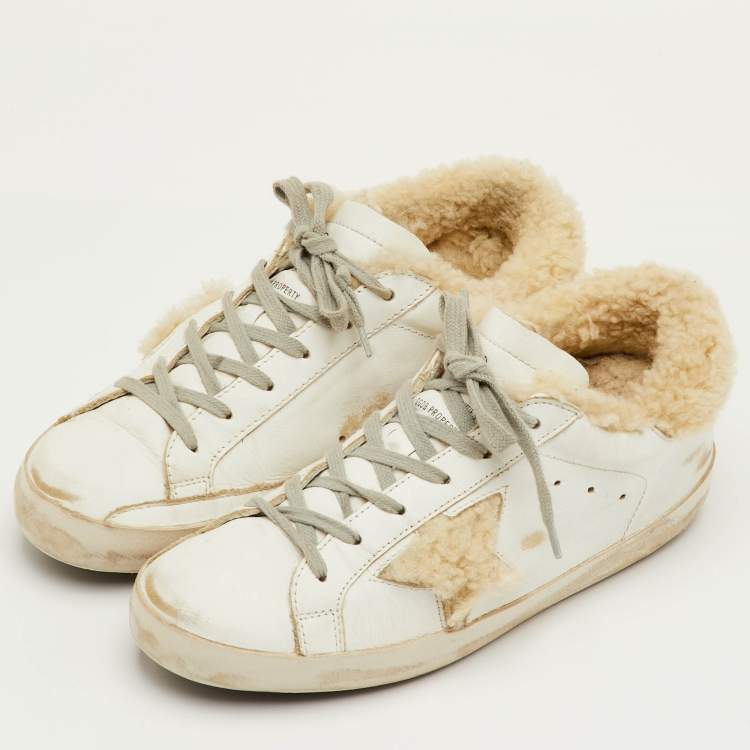 Pre Owned Golden Goose Super Star Size 39 White Leather and Shearling Fur Low Top Sneakers