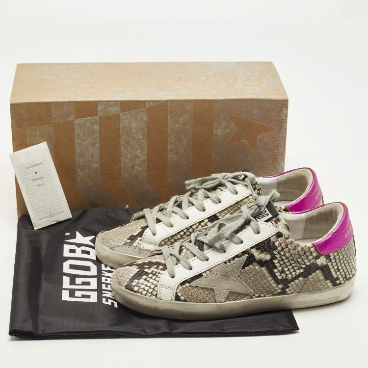 Pre Owned Golden Goose Superstar Size 36 Grey Python Embossed Leather and Suede Lace Up Sneakers