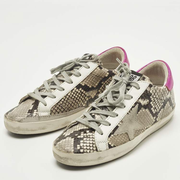 Pre Owned Golden Goose Superstar Size 36 Grey Python Embossed Leather and Suede Lace Up Sneakers