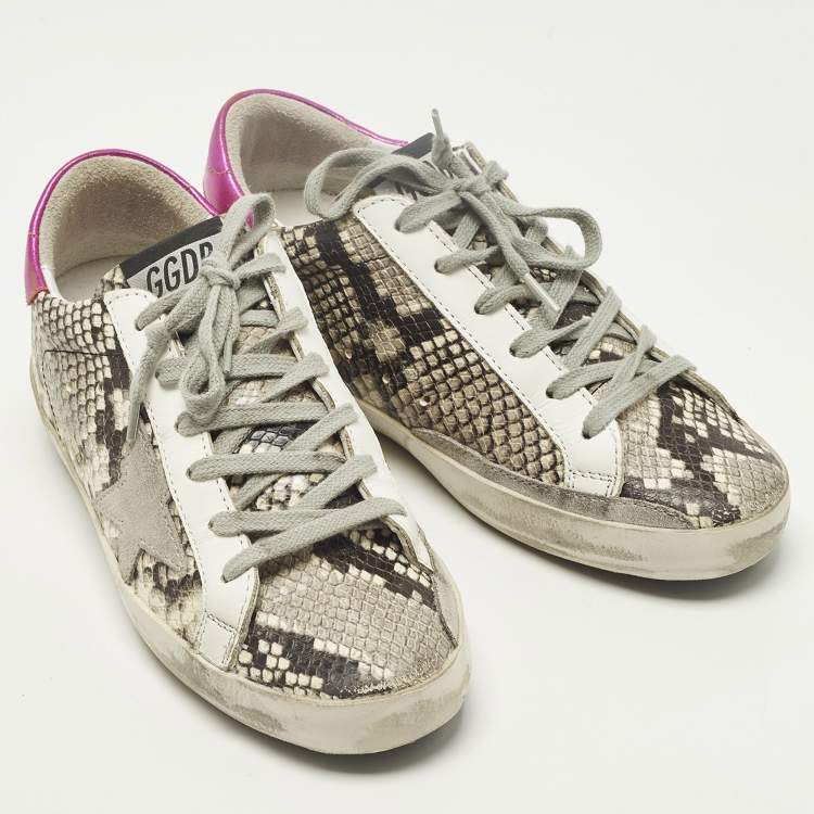 Pre Owned Golden Goose Superstar Size 36 Grey Python Embossed Leather and Suede Lace Up Sneakers