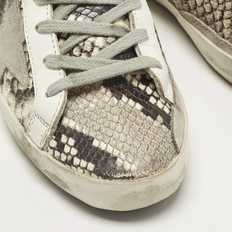 Pre Owned Golden Goose Superstar Size 36 Grey Python Embossed Leather and Suede Lace Up Sneakers