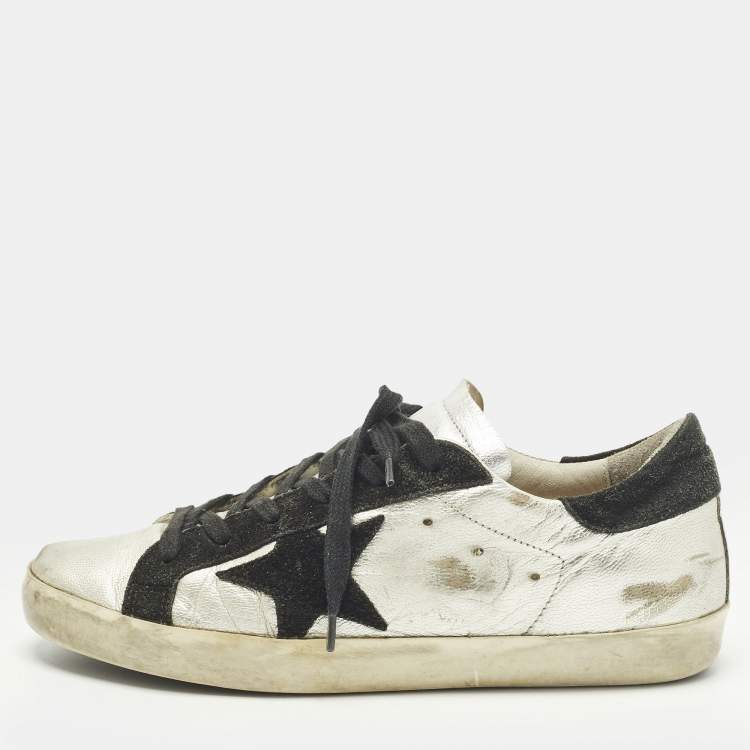 مملوكة مسبقًا Golden Goose Superstar Size 38 Silver/Black Leather and Suede Lace Up Sneakers