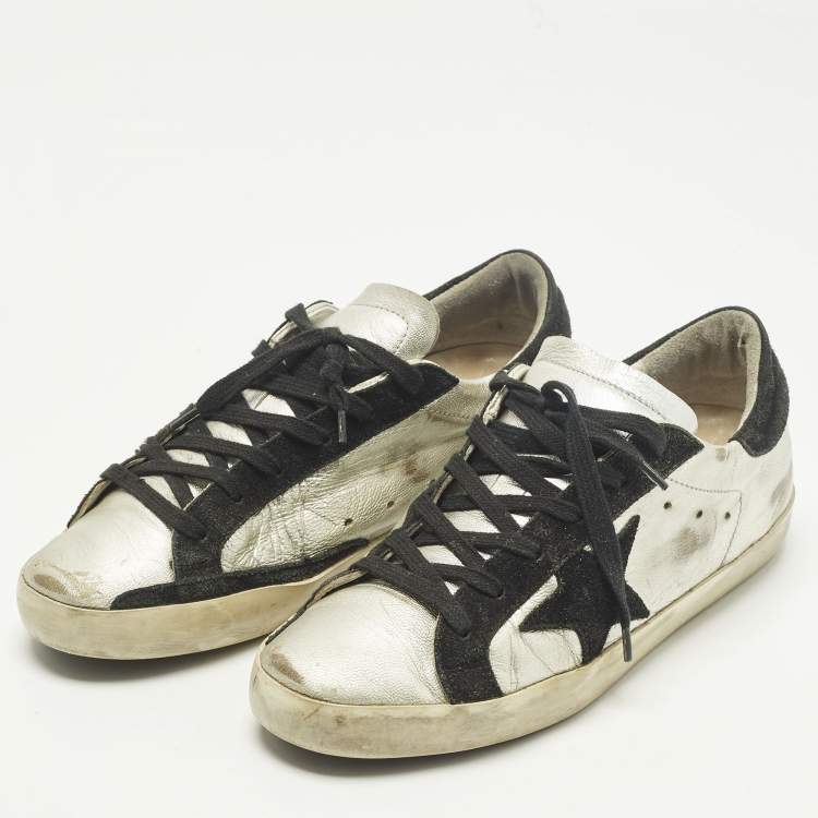 مملوكة مسبقًا Golden Goose Superstar Size 38 Silver/Black Leather and Suede Lace Up Sneakers