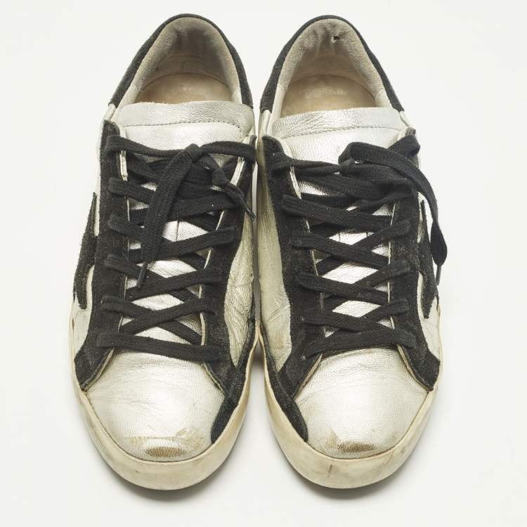 مملوكة مسبقًا Golden Goose Superstar Size 38 Silver/Black Leather and Suede Lace Up Sneakers