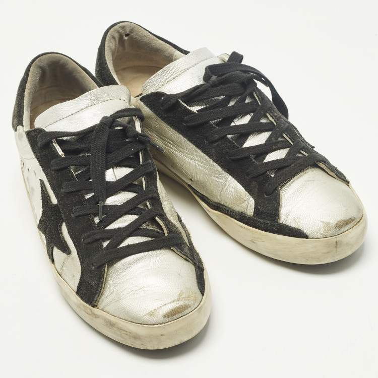 مملوكة مسبقًا Golden Goose Superstar Size 38 Silver/Black Leather and Suede Lace Up Sneakers