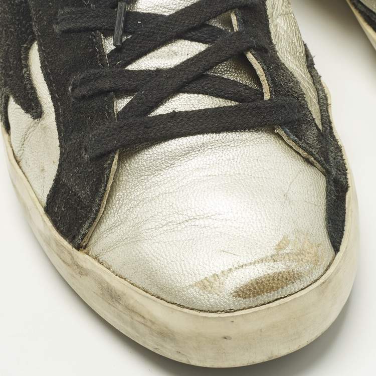 مملوكة مسبقًا Golden Goose Superstar Size 38 Silver/Black Leather and Suede Lace Up Sneakers