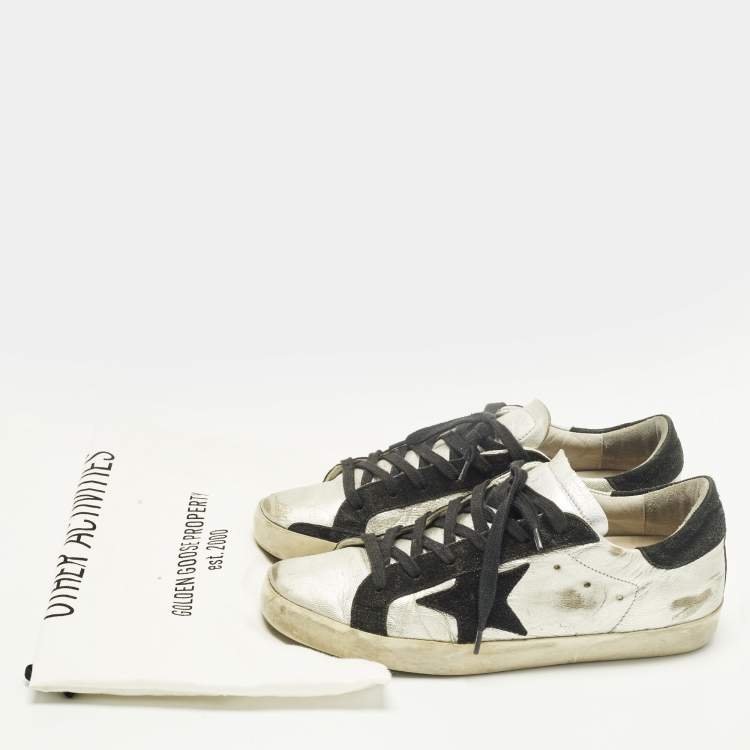 مملوكة مسبقًا Golden Goose Superstar Size 38 Silver/Black Leather and Suede Lace Up Sneakers