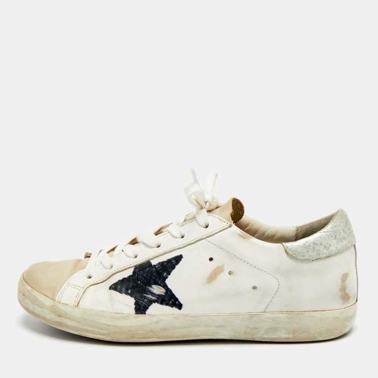 Pre Owned Golden Goose Superstar Size 39 White/Brown Leather and Nubuck Leather Lace Up Sneakers