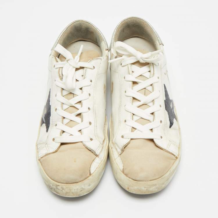 Pre Owned Golden Goose Superstar Size 39 White/Brown Leather and Nubuck Leather Lace Up Sneakers