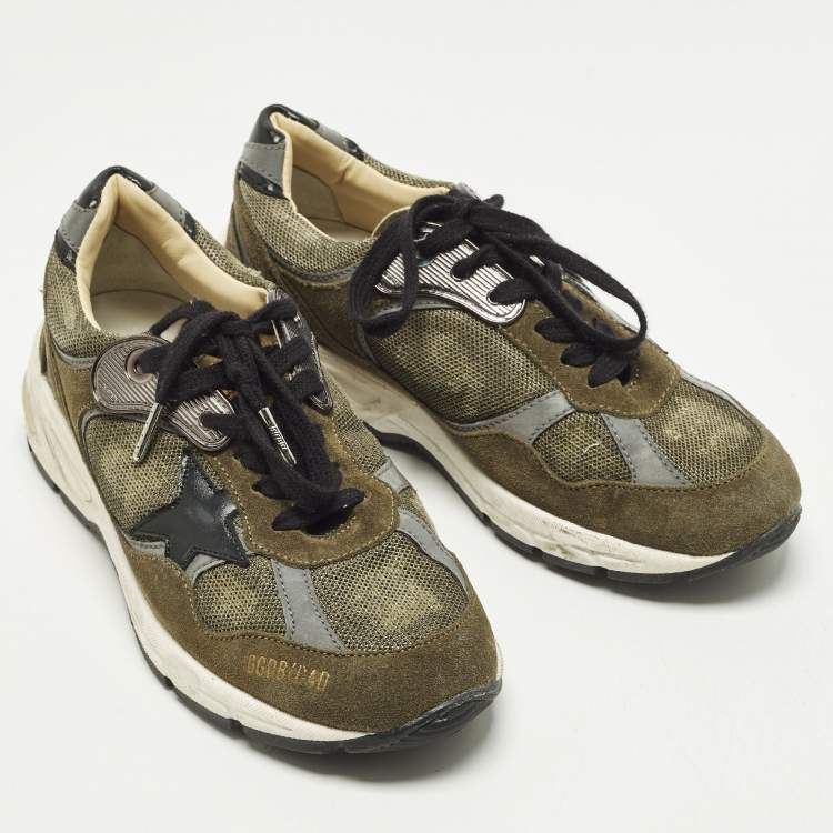 Pre Owned Golden Goose Dad-Star Size 38 Dark Green/Grey Mesh and Suede Lace Up Sneakers