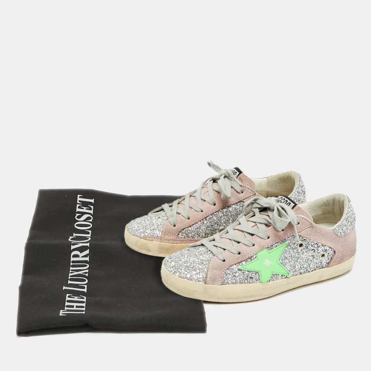 Pre Owned Golden Goose Superstar Size 36 Pink/Silver Glitter and Suede Lace Up Sneakers