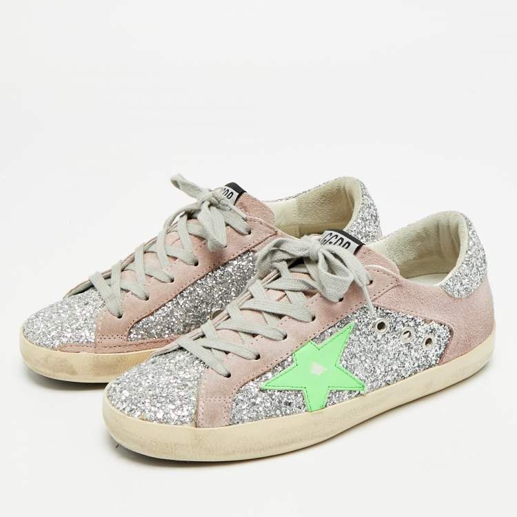 Pre Owned Golden Goose Superstar Size 36 Pink/Silver Glitter and Suede Lace Up Sneakers