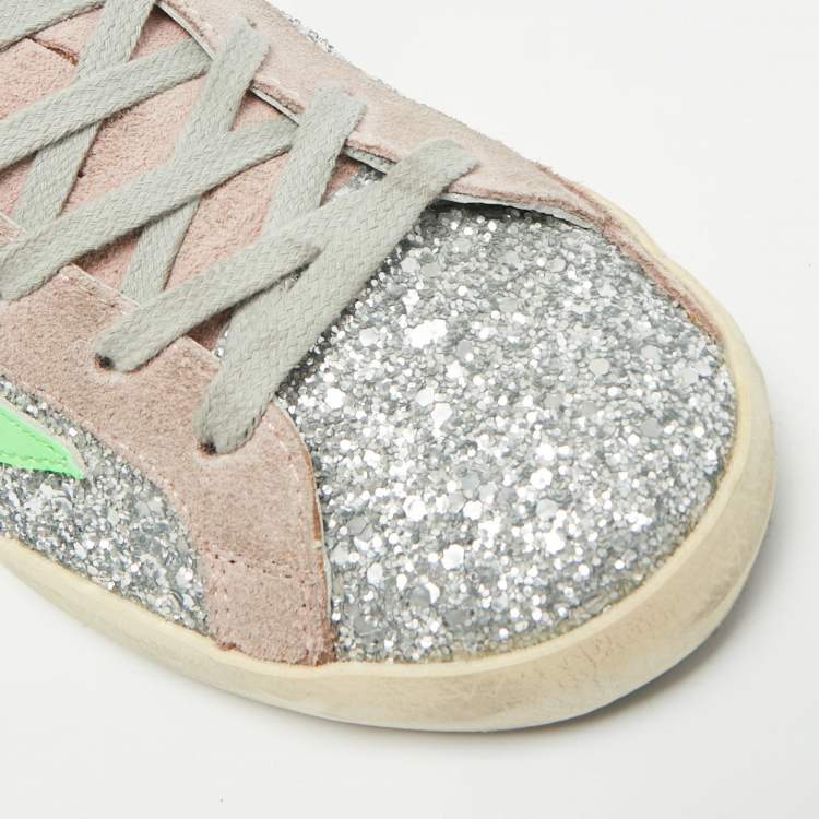 Pre Owned Golden Goose Superstar Size 36 Pink/Silver Glitter and Suede Lace Up Sneakers