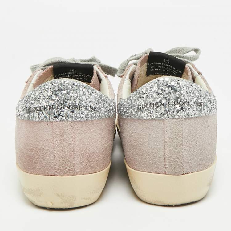 Pre Owned Golden Goose Superstar Size 36 Pink/Silver Glitter and Suede Lace Up Sneakers