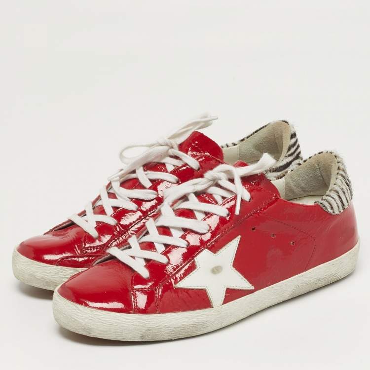 Pre Owned Golden Goose Superstar Size 38 Red Patent Leather Lace Up Sneakers