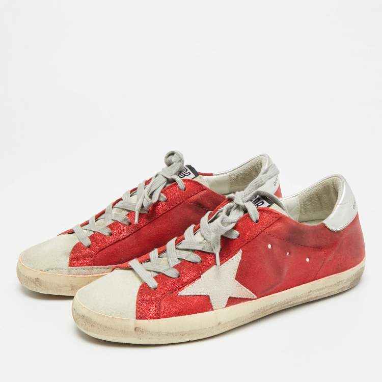 Pre Owned Golden Goose Superstar Size 39 Tricolor Glitter and Suede Lace Up Sneakers