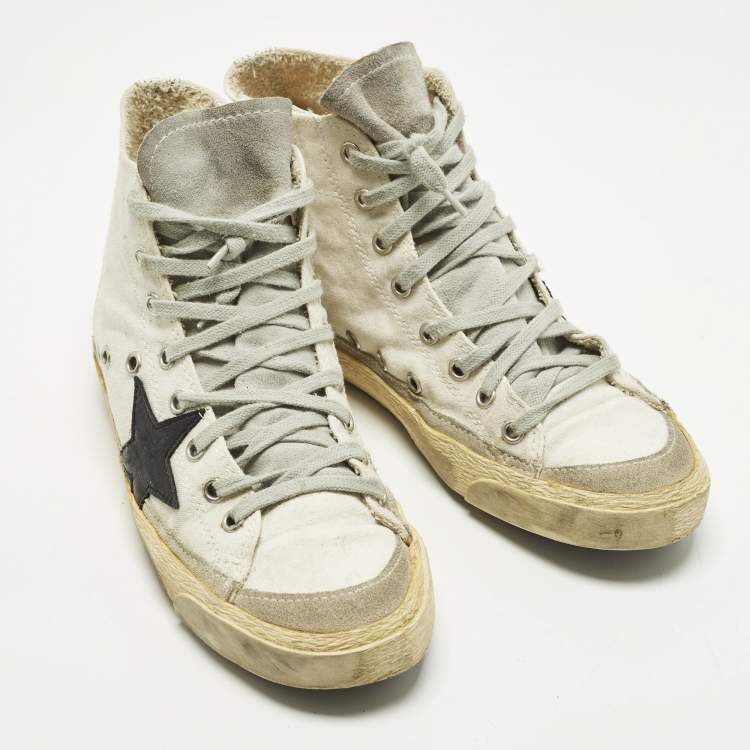 Pre Owned Golden Goose Francy Size 38 White Canvas and Suede High Top Sneakers