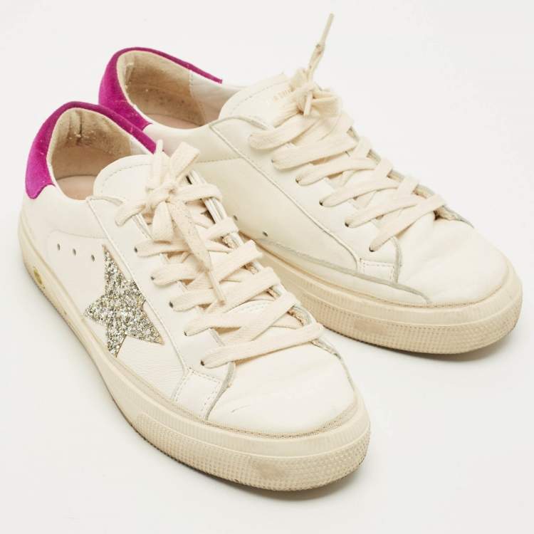 Pre Owned Golden Goose GFDB/MAY Size 37 White Leather and Suede Lace Up Sneakers