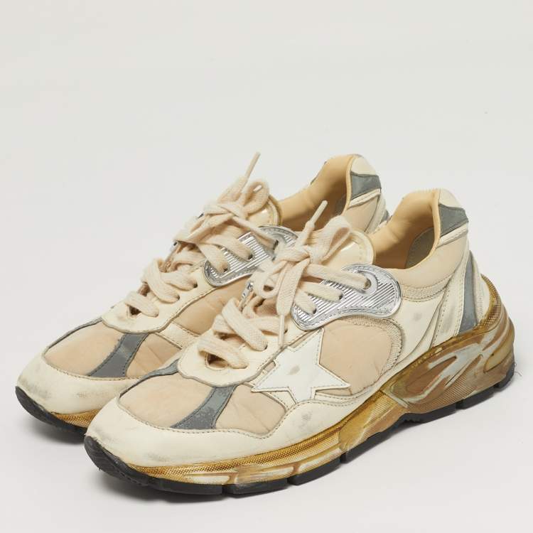 Pre Owned Golden Goose Dad Star Size 35 Cream/Sliver Leather and Nylon Lace Up Sneakers
