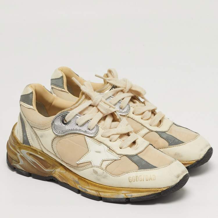 Pre Owned Golden Goose Dad Star Size 35 Cream/Sliver Leather and Nylon Lace Up Sneakers