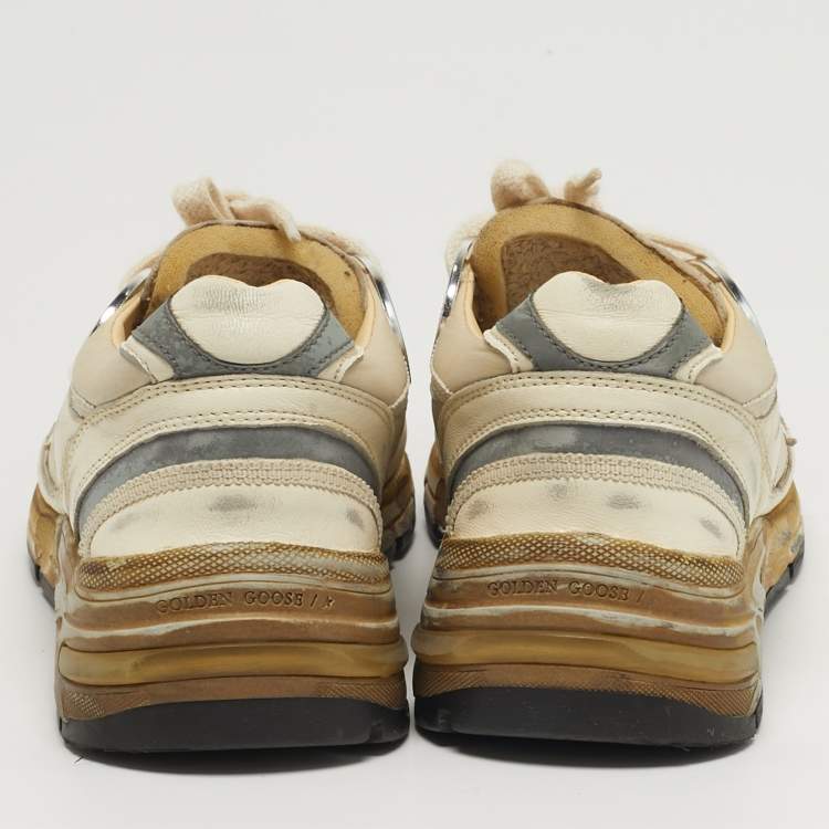 Pre Owned Golden Goose Dad Star Size 35 Cream/Sliver Leather and Nylon Lace Up Sneakers