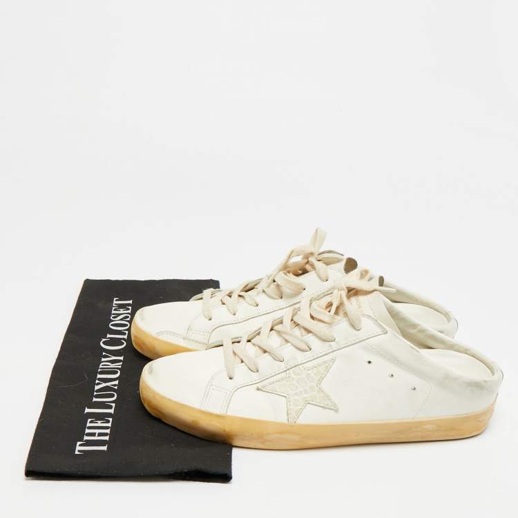 Pre Owned Golden Goose Superstar Size 41 White Croc Embossed Leather and Leather Mules