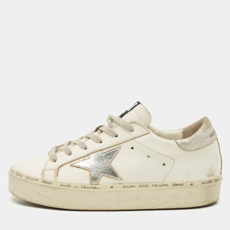 Pre Owned Golden Goose Hi Star Size 37 White/Silver Leather Low Top Sneakers