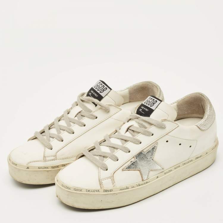 Pre Owned Golden Goose Hi Star Size 37 White/Silver Leather Low Top Sneakers