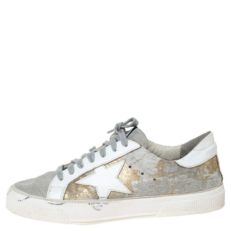 Golden Goose White/Grey Distressed Suede And Metallic Pony Hair