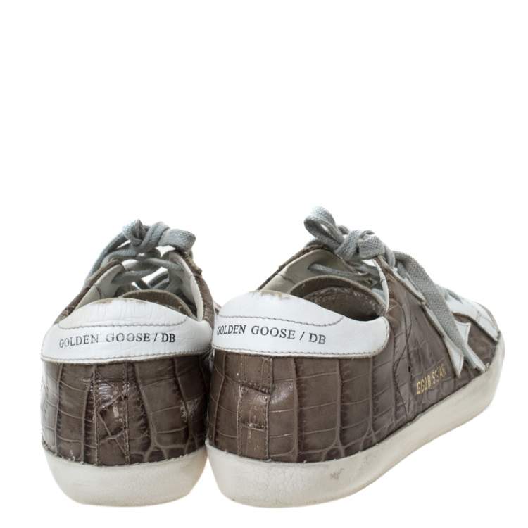 Pre Owned Golden Goose White/Grey Croc Embossed Leather Superstar Low Top Sneakers Size 38