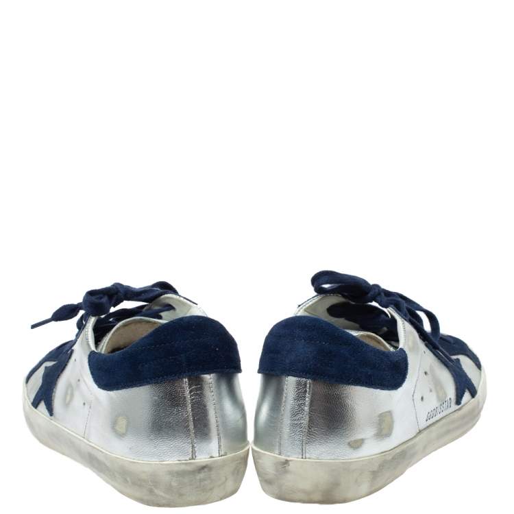 Pre Owned Golden Goose Deluxe Brand Silver Leather And Blue Suede Star Sneakers Size 38