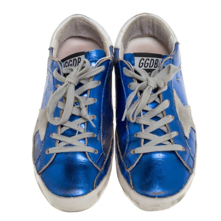 مملوكة مسبقًا Golden Goose Metallic Blue Leather and Grey Suede Superstar Lace Up Sneakers Size 38