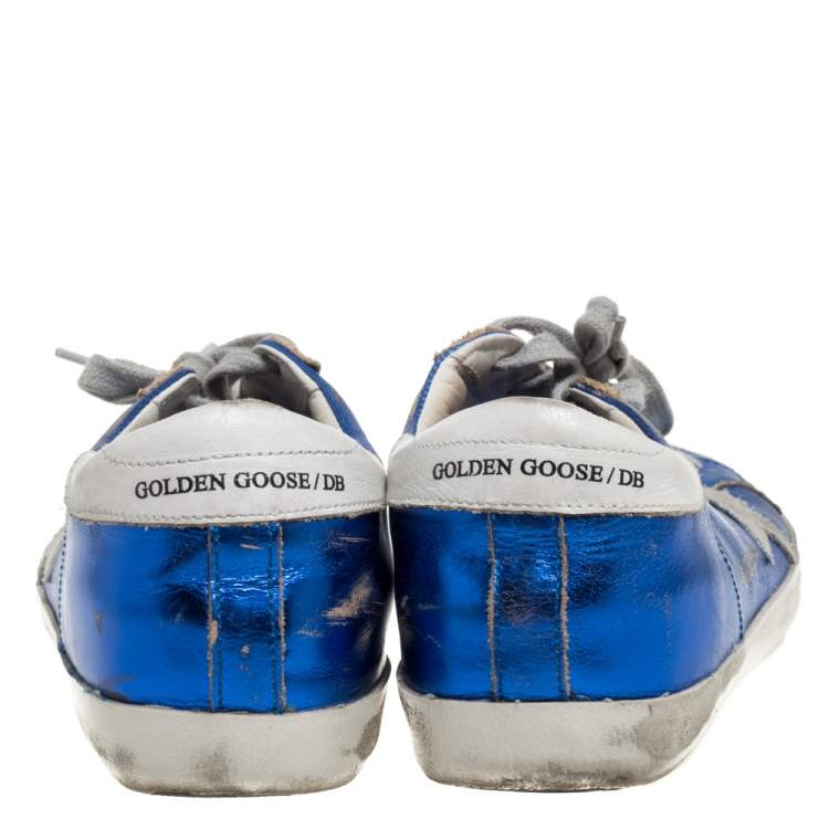 مملوكة مسبقًا Golden Goose Metallic Blue Leather and Grey Suede Superstar Lace Up Sneakers Size 38