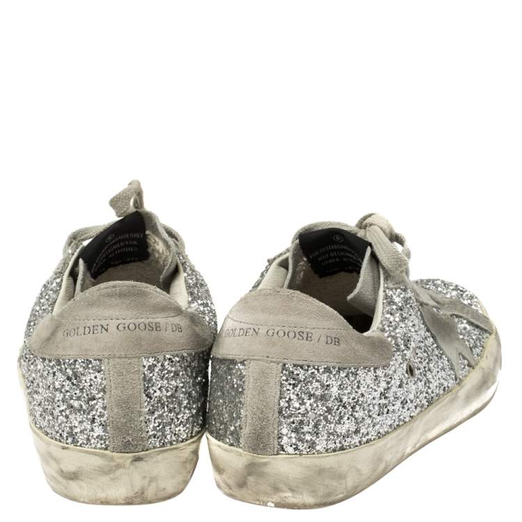 Pre Owned Golden Goose Silver Glitter and Suede Superstar Lace Up Sneakers Size 38