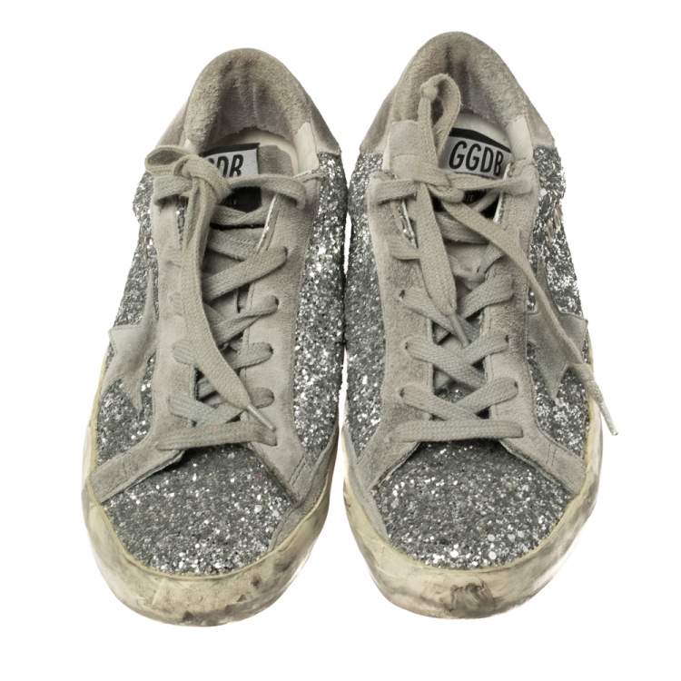 Pre Owned Golden Goose Silver Glitter and Suede Superstar Lace Up Sneakers Size 38