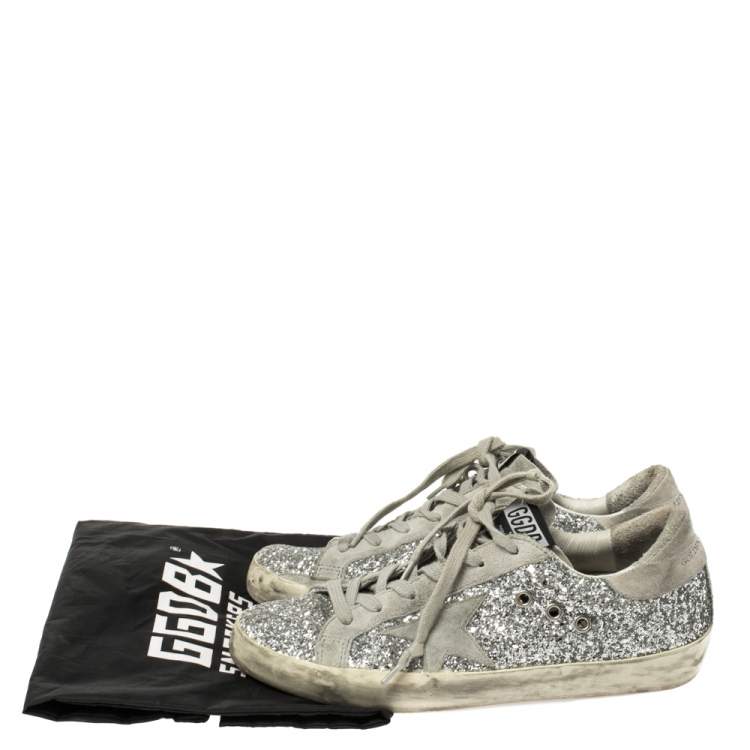 Pre Owned Golden Goose Silver Glitter and Suede Superstar Lace Up Sneakers Size 38