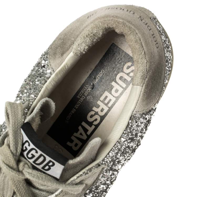 Pre Owned Golden Goose Silver Glitter and Suede Superstar Lace Up Sneakers Size 38