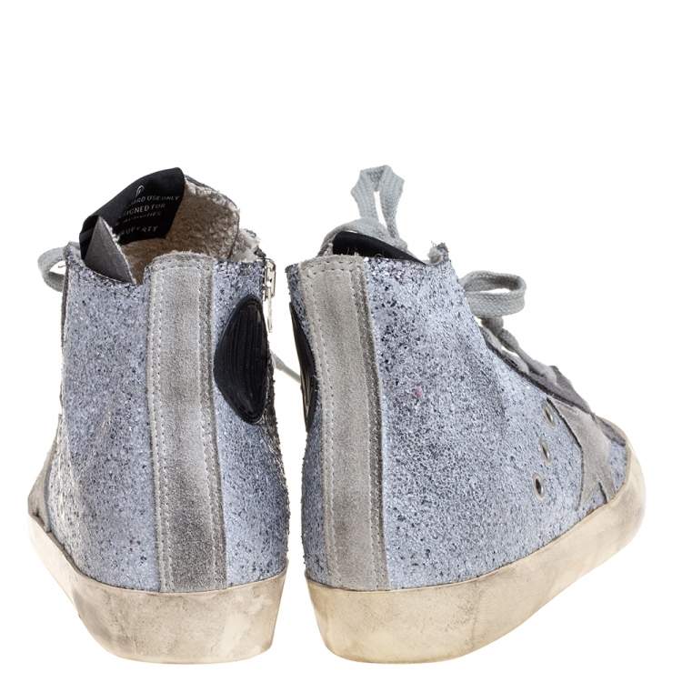 Pre Owned Golden Goose Silver/Grey Glitter And Suede High Top Sneakers Size 36