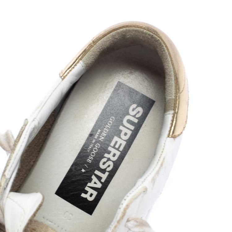 Pre Owned Golden Goose White/Gold Leather Superstar Low Top Sneakers Size 39